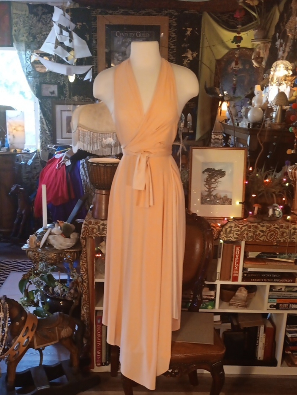 Goddess Peach Halter High-Low Wrap Dress with Self-Tie Waist SM